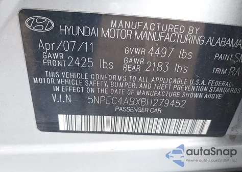 2011 Hyundai Sonata Se 2.0T из США, поврежденный, VIN 5NPEC4ABXBH279452